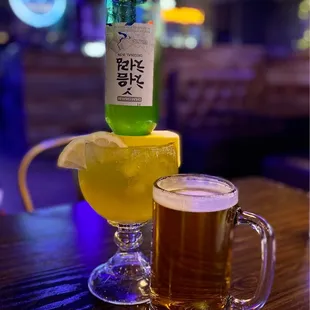 a glass of beer and a glass of lemonade