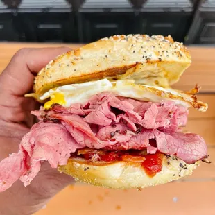 Pastrami on Everything Bagel with Egg
