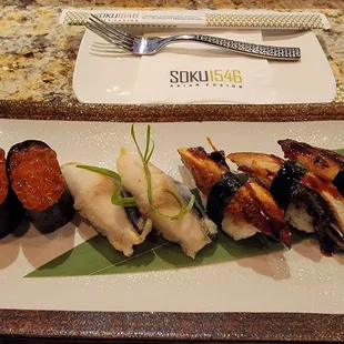 Eel, Mackerel and Salmon Roe Sushi