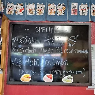 Dessert Specials menu include Matcha Milk Tea, actual Mochi, and Mochi Ice Cream.