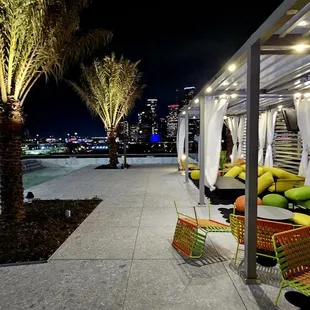 the outdoor seating area at night