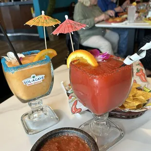 Peach margarita, raspberry margarita, chips, salsa