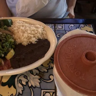 Vegetables, rice , beans , soft taco