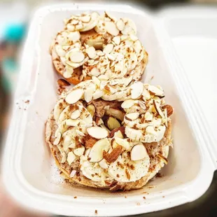 Build-your-own bagel with cinnamon honey butter, bananas, almonds, and cinnamon