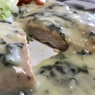 Chicken with spinach cream sauce. Very good.