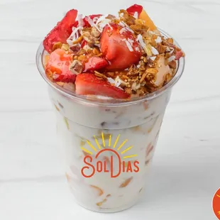 Bionico - Fruit salad drenched in homemade sweet yogurt topped with shredded coconut , granola, pecans and honey