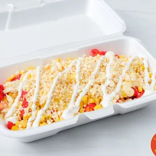 Loaded Mexican Chips  Your choice of chips served with elote   (corn), sour cream, mayo, parmesan cheese and butter