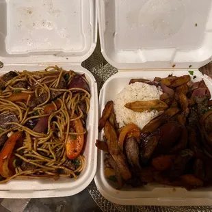 Tallarín de carne y Lomo Saltado