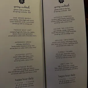 Cocktail menu