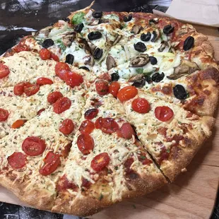 Large pizza, half vegan half regular. Small order of fries.