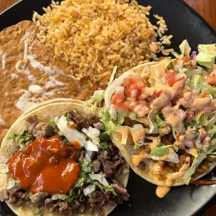 Two taco plate with carne asada taco and fish taco!  The fish taco is delicious!