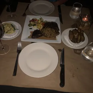 Spinach polenta, ribeye steak, potatoes