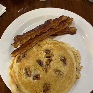 Pecan pancake breakfast with bacon
