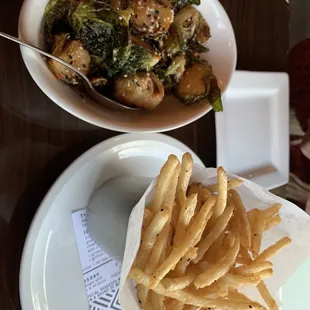 Crunchy Brussels sprouts and fries (both vegan friendly)