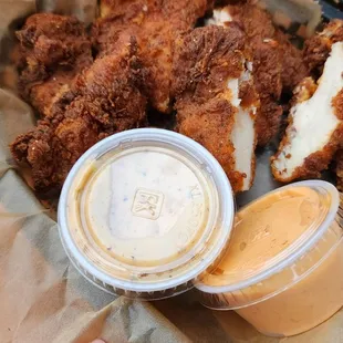 Spicy fried chicken thighs.