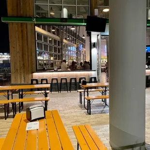 tables and benches in a restaurant