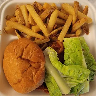 Angus burger on a brioche bun with thick cut fries