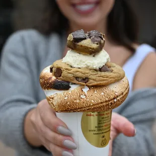 S&apos;more frozen hot chocolate topped with our best selling Solana Beach cookie and a scoop of house made Chantilly cream.