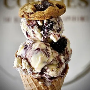 We&apos;re serving 18 flavors of cookies and 16 flavors of ice cream daily.  Try one of our homemade waffle cones.