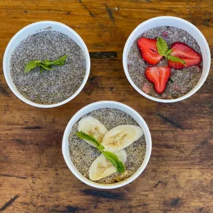 Vegan Chia puddings made with         Organic Chia seeds,
    Organic Almond milk and        Organic Agave as the base.
Three options.