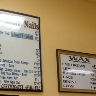Prices for Nail Services and Wax Services (as of May 28, 2015)