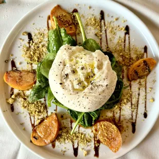 Burrata, Spinach, and peach salad