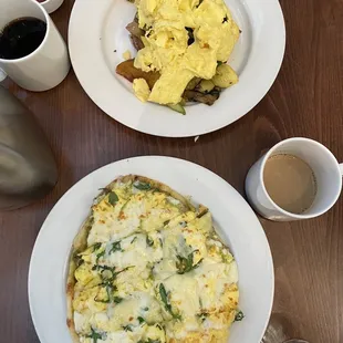 breakfast naan pizza, sautéed vegetable hash &amp; coffee