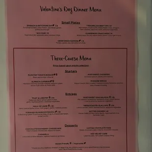 Valentine&apos;s Dinner Menu