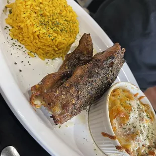 Baked Turkey Leg with Yellow Rice and Mac and Cheese