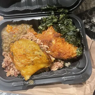 some rice and beans  chicken chicken greens