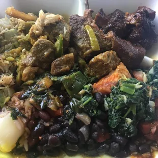 Piled high meats, veggies, rices cost $13