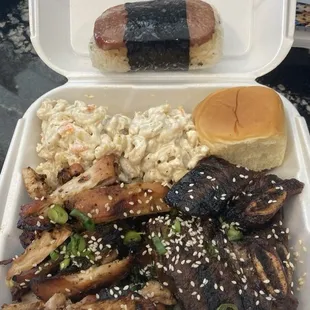 Kalbi ribs, teriyaki chicken, tuna Mac salad , musubi and a Hawaiian Roll.       This fed me for two days.     Sooooo delicious.