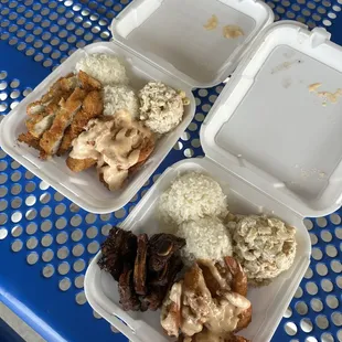 Chicken Katsu and Shrimp plate, Kalbi and Shrimp plate