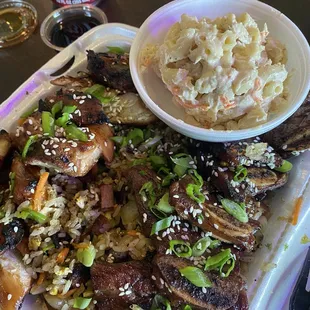 Kalbi ribs, spam fried rice, and tuna mac.