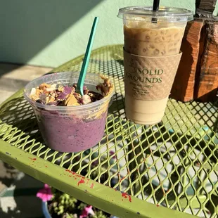 iced carmel macchiato and a smoothie bowl with PB