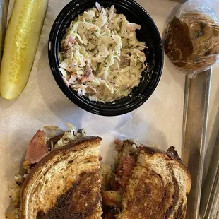 New Yorker sandwich. Every sandwich includes pickle, Cole slaw (yummy garlic), chocolate chip cookie.