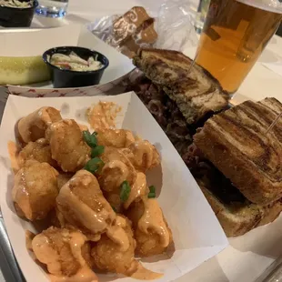Traditional Pastrami on Rye, Tator Tots with Russian dressing