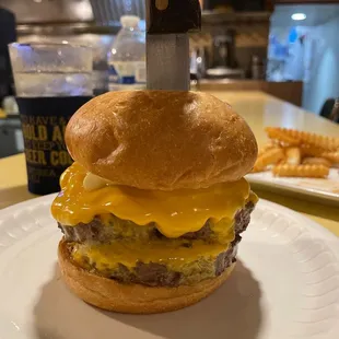 a cheeseburger and fries