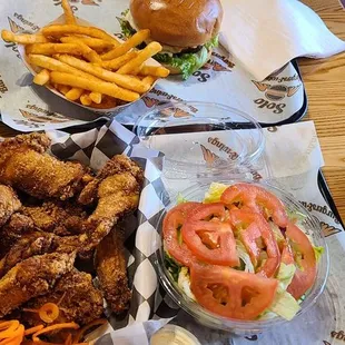 Wings and salad burger. Service animal friendly