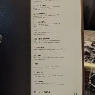 the menu for the cocktail