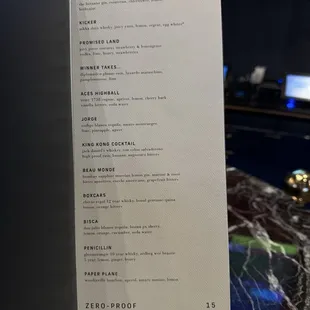 Cocktail menu