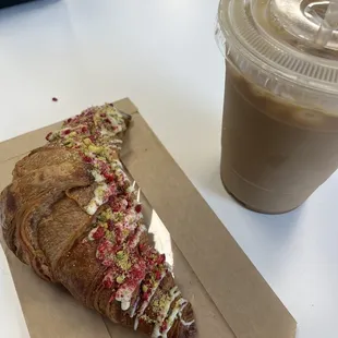 Raspberry Pistachio Croissant, ice Regular 16oz Iced Coffee