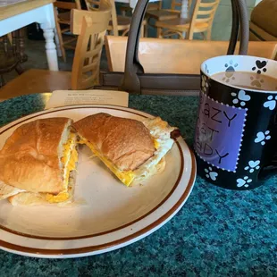 Quaint atmosphere!  Fall-in-a-cup Latte with Almond Milk  Breakfast Sandwich with Bacon