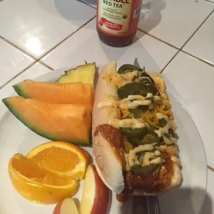 Local hot dog and fruit!