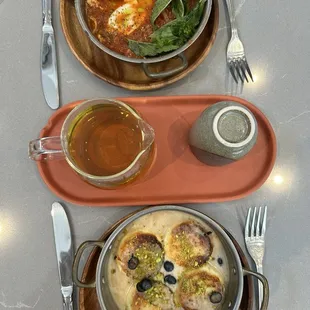 Marigold tea, Swedish cheese pancake, and shakshuka