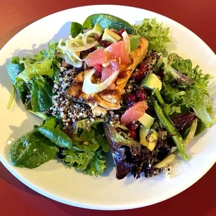 Grilled Citrus Salmon Salad with Avocado, Fennel, Quinoa, Pomegranate Seeds and Grapefruit on Mixed Greens - Mmm!