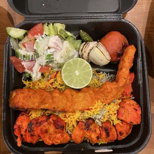 Chicken kabob and chicken koobideh with green rice