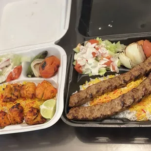 Chicken Kabob and Beef Koobideh.