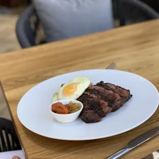 Steak, beans, and egg