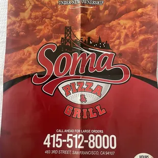 Front menu with hours of operation and phone number